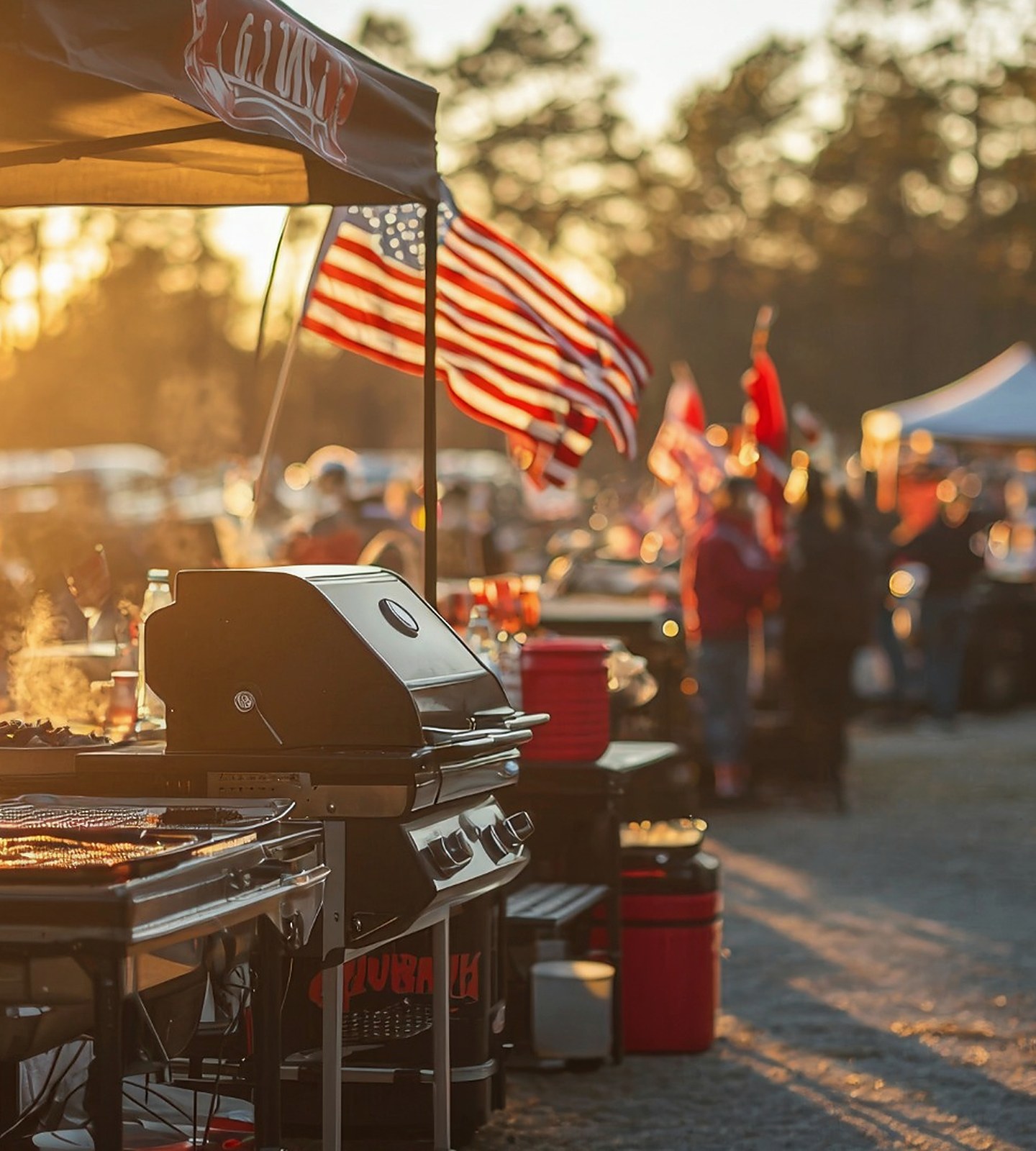 Sunset tailgating scene with a grill, American flag, tents, and fans gathered before a game.